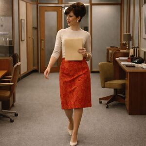 VTG 60s Orange Floral Brocade Pencil Skirt, XS/S, Vintage